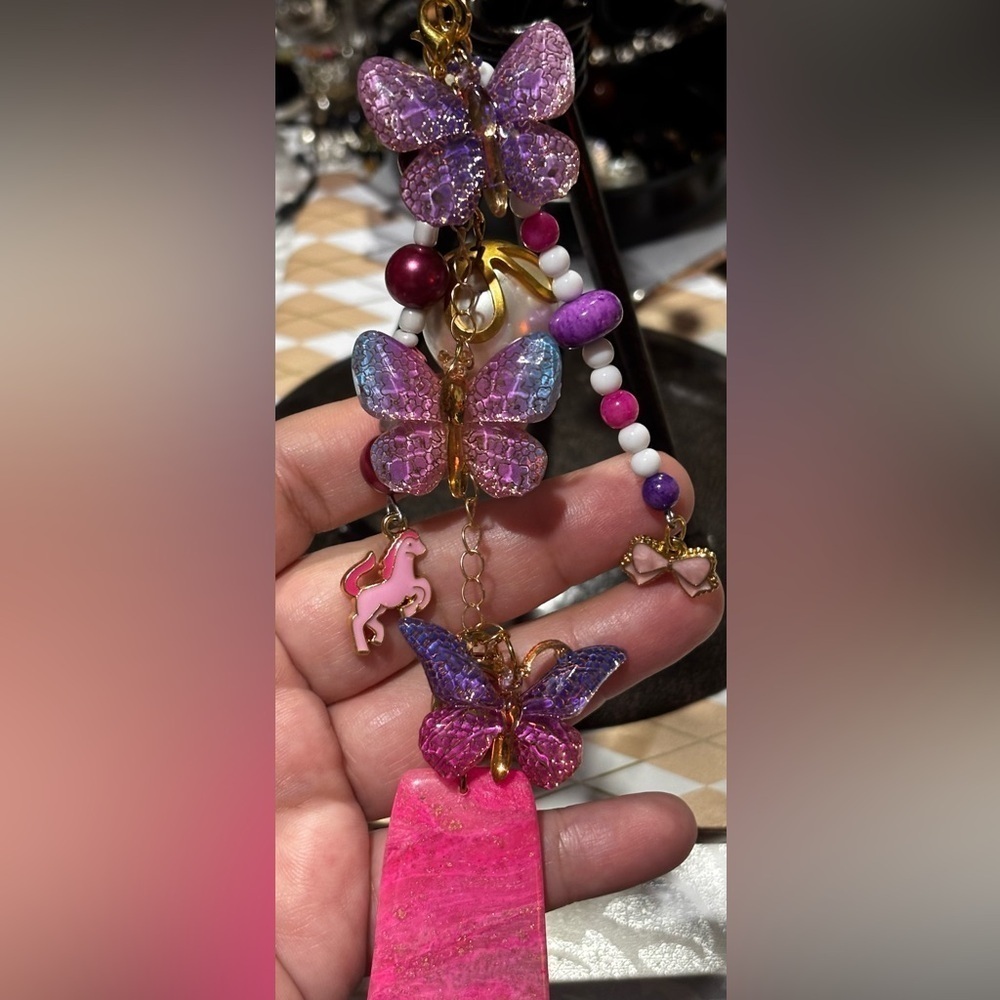 Pink and Purple Butterfly bag backpack charm
with Crystal upcycled jewelry